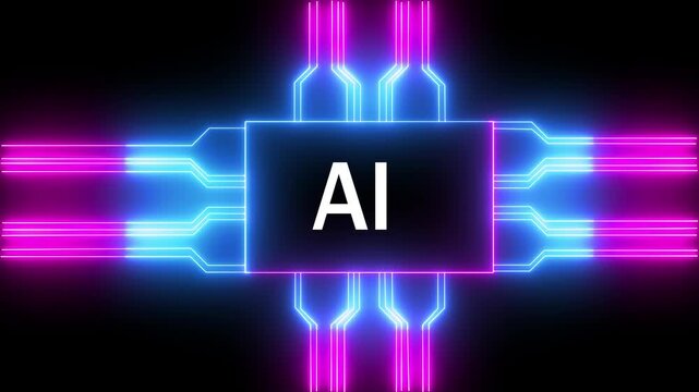 Networking chip icon futuristic neon circuit board AI animated. on black background. Motion graphic of digital AI logo with futuristic technology
