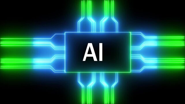 Networking chip icon futuristic neon circuit board AI animated. on black background. Motion graphic of digital AI logo with futuristic technology