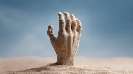 Sand sculpted hand reaching up from desert dunes under a clear blue sky in a serene landscape