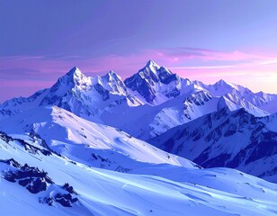 Majestic snow-covered mountain range glows with a soft, ethereal light as the sun rises or sets, painting the sky with shades of lavender and pink above the rugged peaks.