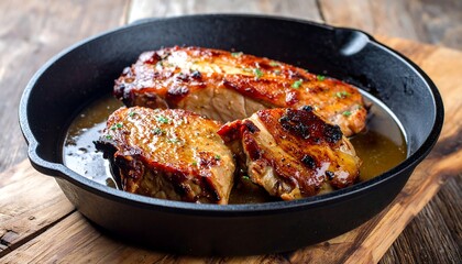 Fototapeta premium Cooked meat in cast iron pan with glaze, on rustic wood backdrop
