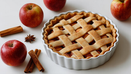 Apple pie with cinnamon on a white banner for supermarkets.