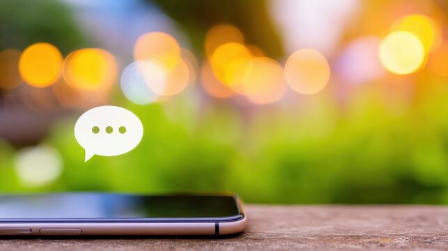 Smartphone on a table with chat bubble against blurred background at sunset - Powered by Adobe