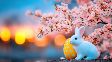 Colorful spring scene with a bunny and decorated egg among blooming flowers