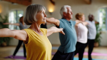 A group of seniors practicing yoga indoors, stretching their arms and focusing on balance and mindfulness.