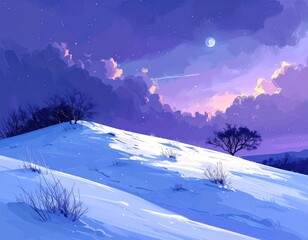 Serene landscape showcases a snowy hillside under a vast, starlit sky, with the moon providing gentle illumination and a blend of purple and blue hues painting the clouds, creating a tranquil and...