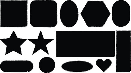 Grunge shapes set black paint brush stroke square, circle, star, heart, rectangle, hexagon rough edge geometric figure collection