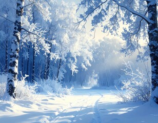 Stunning winter forest scene showcases snow-covered trees and frosted branches, creating a serene landscape with soft, diffused sunlight filtering through, emphasizing the peaceful and tranquil...