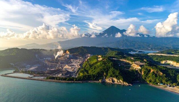 Conditions of Nickel Mining Views in Indonesia Accompanied by Beautiful Views of the Sky and Sea.