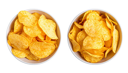  Pair of snack bowls with golden potato chips isolated on transparent background