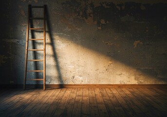 Vintage wooden ladder leaning against an old concrete wall in a dimly lit rustic room with warm dramatic lighting and nostalgic atmosphere.