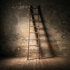 Vintage wooden ladder leaning against an old concrete wall in a dimly lit rustic room with warm dramatic lighting and nostalgic atmosphere.