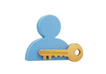 Light blue user icon with golden key isolated PNG, account access and security concept for website and app design