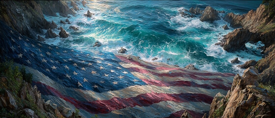Majestic American Coastline: Waves of Patriotism Meet Rocky Shores and Freedom