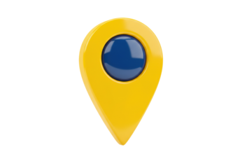 Yellow map pointer PNG isolated on transparent background, location pin icon for navigation and travel apps