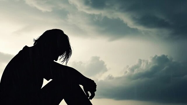 Sadness meme video: Silhouette in rain, swirling clouds convey depression
