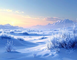 Stunning winter landscape showcases snow-covered fields, delicate frozen vegetation, and distant mountain peaks under a serene sky; soft sunrise and cool blue tones define the naturalistic,...