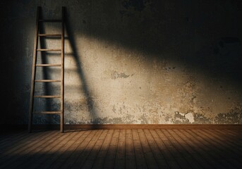 Vintage wooden ladder leaning against an old concrete wall in a dimly lit rustic room with warm dramatic lighting and nostalgic atmosphere.