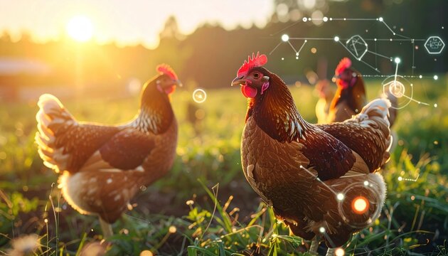 Image of data processing over hens outdoors. animals and digital interface concept digitally generated image.