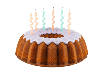 Bundt cake with purple frosting and colorful candles isolated, delicious dessert for birthday celebration or special occasion