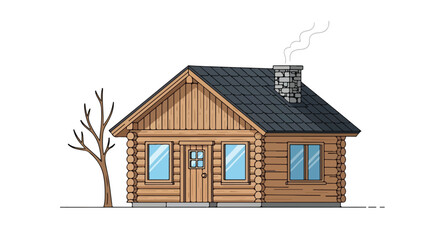 Charming cartoon log cabin with a smoking chimney and adjacent dormant tree offers cozy solace and evokes rustic living in a serene wilderness setting