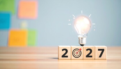 Wooden Blocks Spelling 2027 with Target and Light Bulb for Future Goals