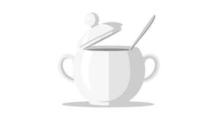 Sleek sugar bowl with lid ajar and spoon nestled inside casting a subtle shadow on a pristine background