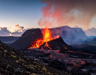 Erupting volcano with fiery lava flow and smoke against a twilight sky