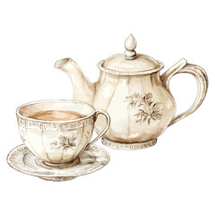 Vintage Floral Teapot and Teacup: Watercolor Tea Set Clipart
