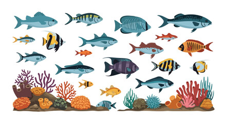 Diverse array of aquatic fauna and flora composition, featuring a vibrant underwater ecosystem illustration teeming with fish and coral reefs