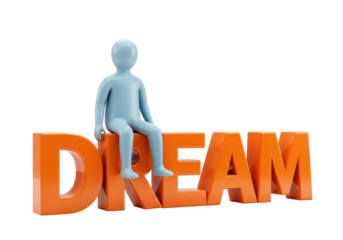 Blue figure sitting on orange DREAM letters isolated on transparent background, concept of aspiration and motivation PNG
