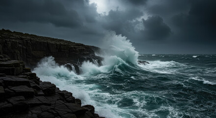 Powerful ocean waves crashing against rugged dark rocks during a dramatic storm.