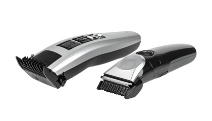  Pair of rechargeable grooming trimmers with adjustable comb attachments isolated on transparent background