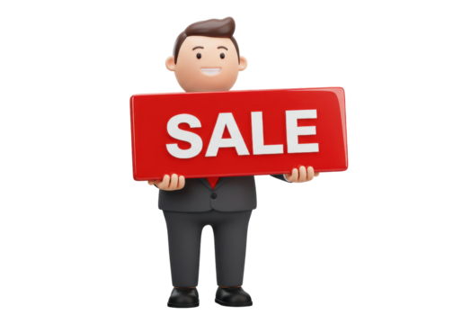 3D cartoon businessman holding a red sale sign isolated PNG, promotion and retail concept for advertising and marketing