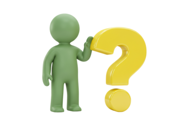 Green 3D figure with yellow question mark isolated PNG, conceptual image for problem solving and decision making