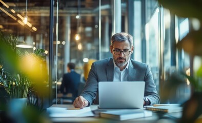 Professional Businessman Working on Laptop in Modern Office Environment