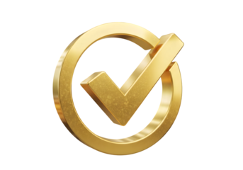 Golden check mark symbol isolated on transparent background