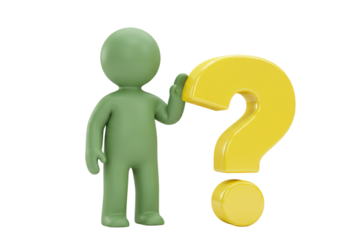 Green 3D figure with yellow question mark isolated PNG, conceptual image for problem solving and decision making