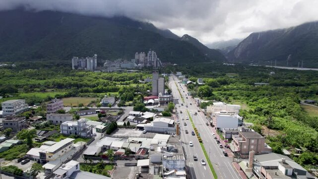 Aerial view of Xincheng Township in Hualien County, Taiwan, entrance to the beautiful Taroko National Park on the east coast of the Island of Taiwan.