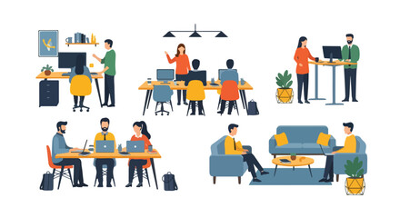 Diverse collaborative workspace scene showcasing different working styles and modern office layouts for team success