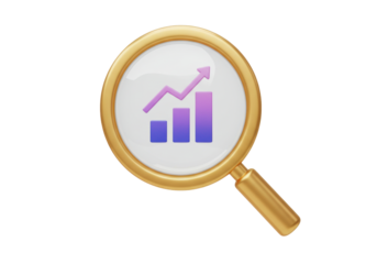 Golden magnifying glass with growth chart isolated PNG, business analysis and investment research concept on transparent background