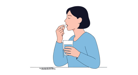 Daily health care concept of a woman taking medicine with water for wellness and disease prevention lifestyle illustration