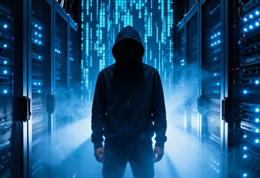 Mysterious hooded figure standing in a dark server room surrounded by digital code and blue lights. Represents cybercrime, hacking, and digital security threats.