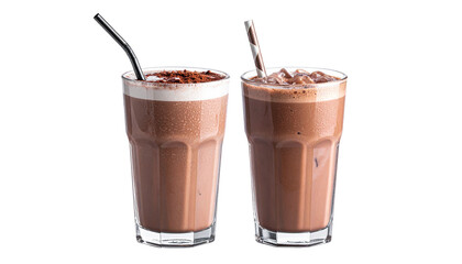  Pair of refreshing iced chocolate milk drinks in tall glasses with condensation isolated on transparent background