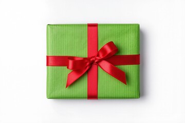 A gift wrapped in green paper, tied with a red ribbon, isolated on a white background