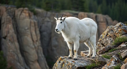 A white goat stands on a rocky outcrop, surveying the layered cliffs and natural scenery