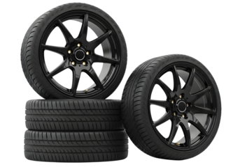 Stack of car tires and rims isolated on transparent background for sale