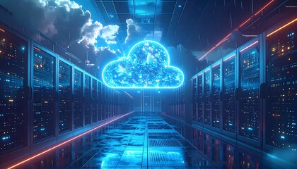 Data center with illuminated cloud graphic, reflecting off floor