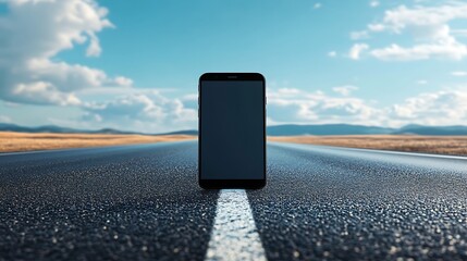 Modern smartphone standing on a highway in a vast landscape