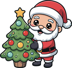 Cute santa claus decorating a christmas tree isolated on white background